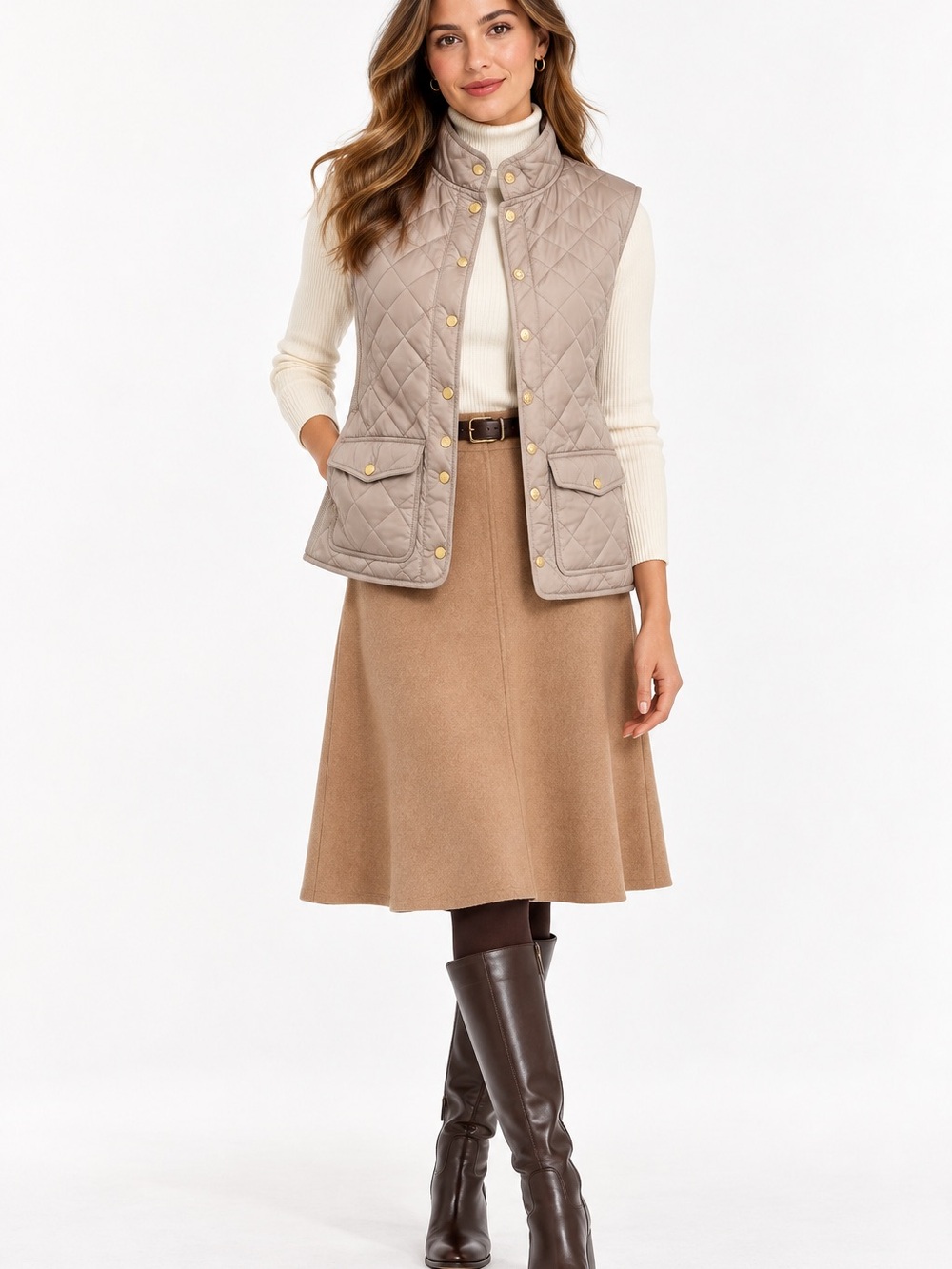 NWT Adrienne Vittadini Quilted Vest Taupe Gold Buttons & Zipper